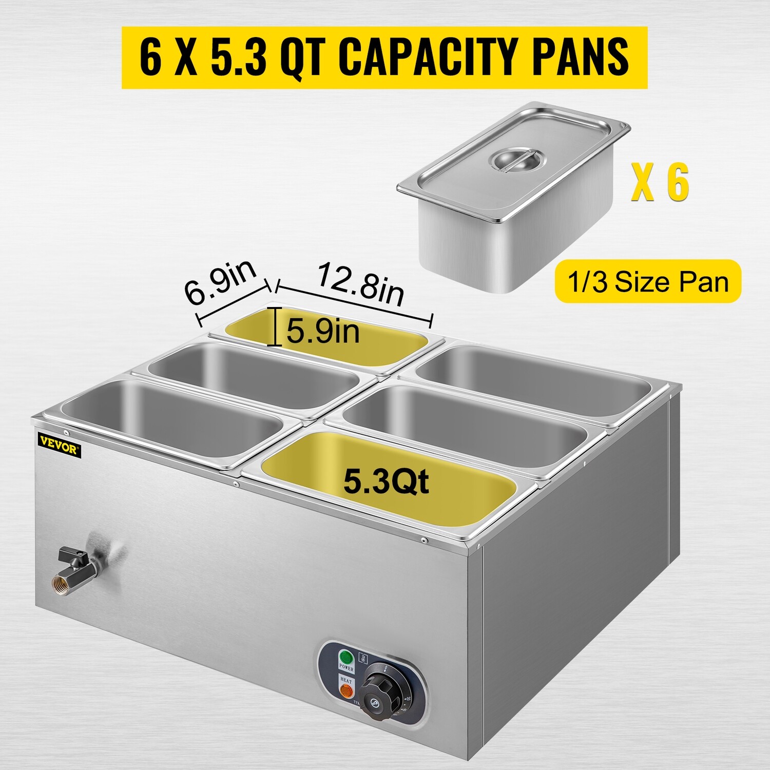Steam Table Steamer Electric Bain Marie Catering Kitchen 6-Pan Food Warmer