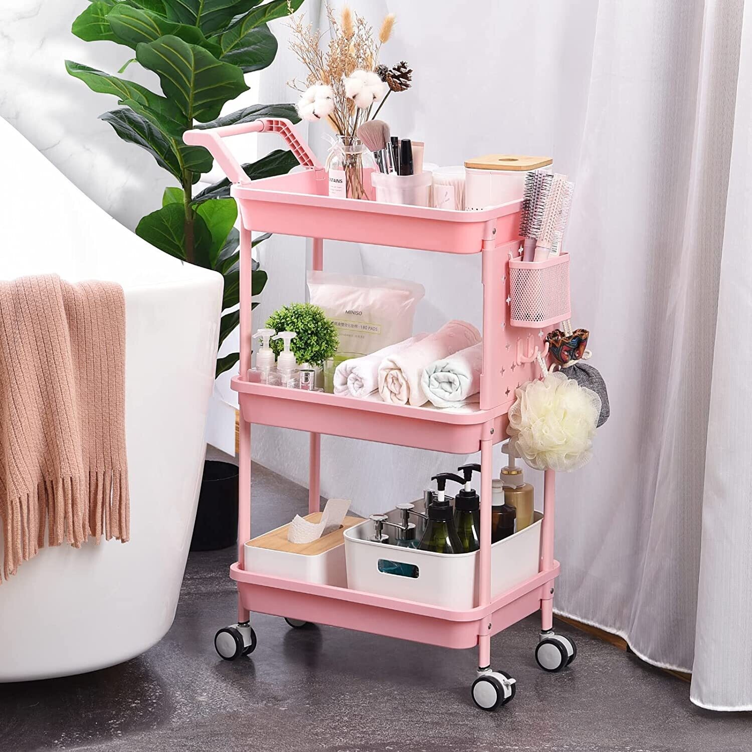 3-Tier Rolling Cart with Handles - Versatile Storage Trolley on Wheels for Easy Mobility - Sturdy, Space-Saving Design for Organizing Kitchen, Bathroom, Office, or Craft Supplies - Ideal for Home