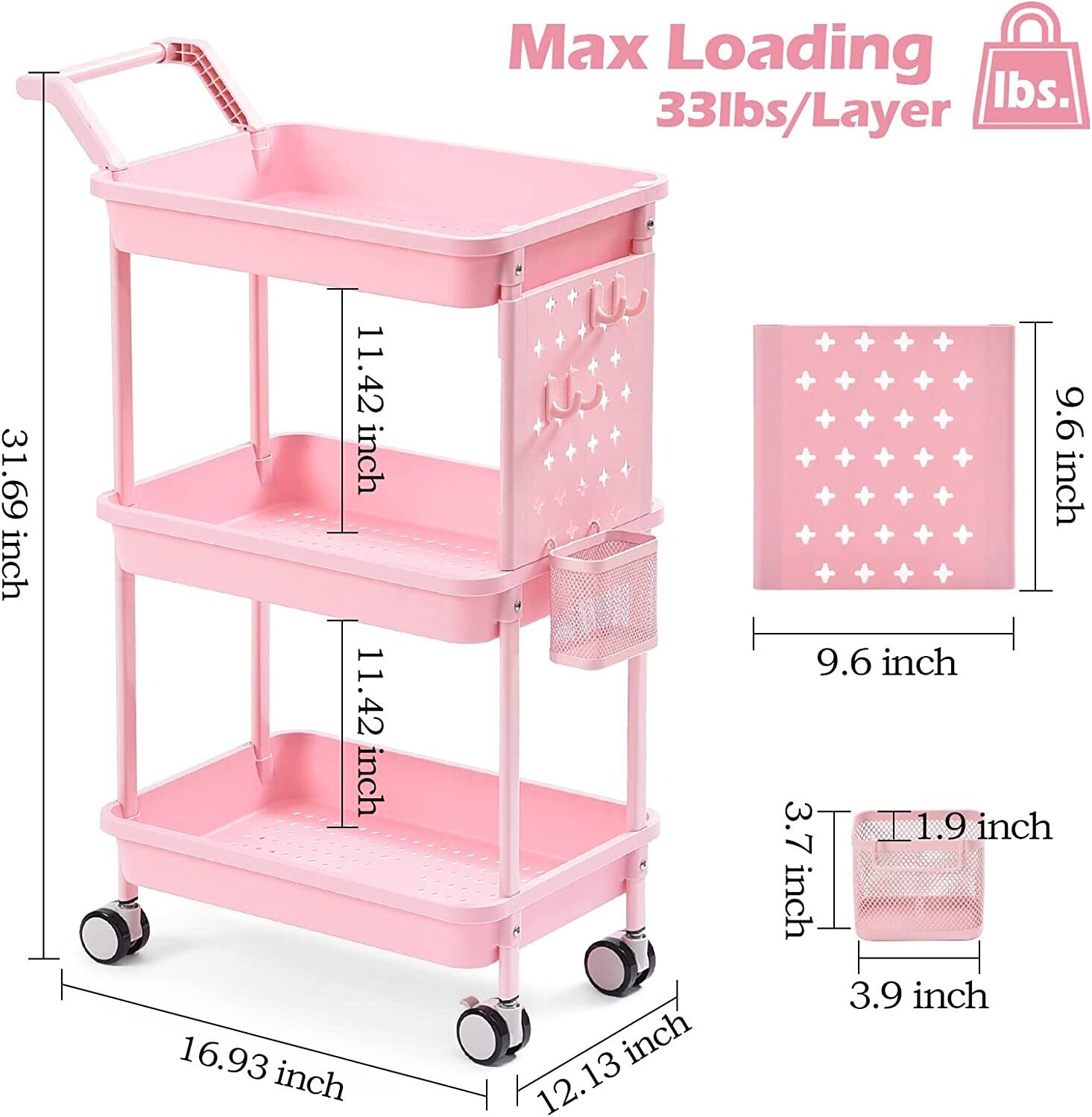 3-Tier Rolling Cart with Handles - Versatile Storage Trolley on Wheels for Easy Mobility - Sturdy, Space-Saving Design for Organizing Kitchen, Bathroom, Office, or Craft Supplies - Ideal for Home