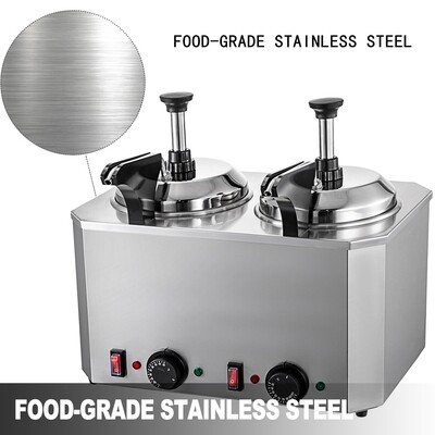 Heating Blocks Nacho Cheese Dispenser with 2 Pumps, 10-30ML Per Dispense for Hot Fudge, Cheese, and Caramel, Stainless Steel Construction