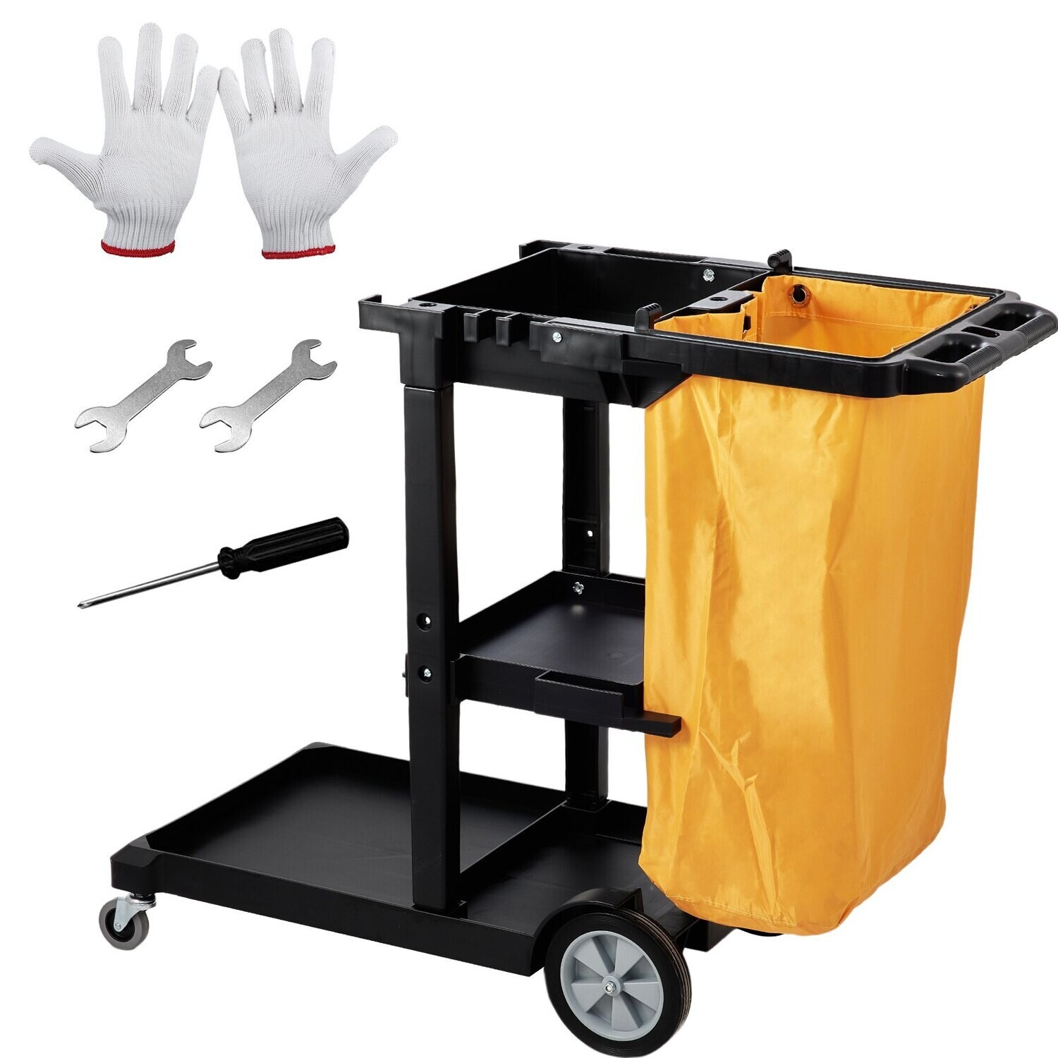 3-Shelf Commercial Janitorial Cart, 200 lbs Capacity Plastic Housekeeping Cart, with 25 Gallon PVC Bag and Cover, 47&quot; x 20&quot; x 38.6&quot;