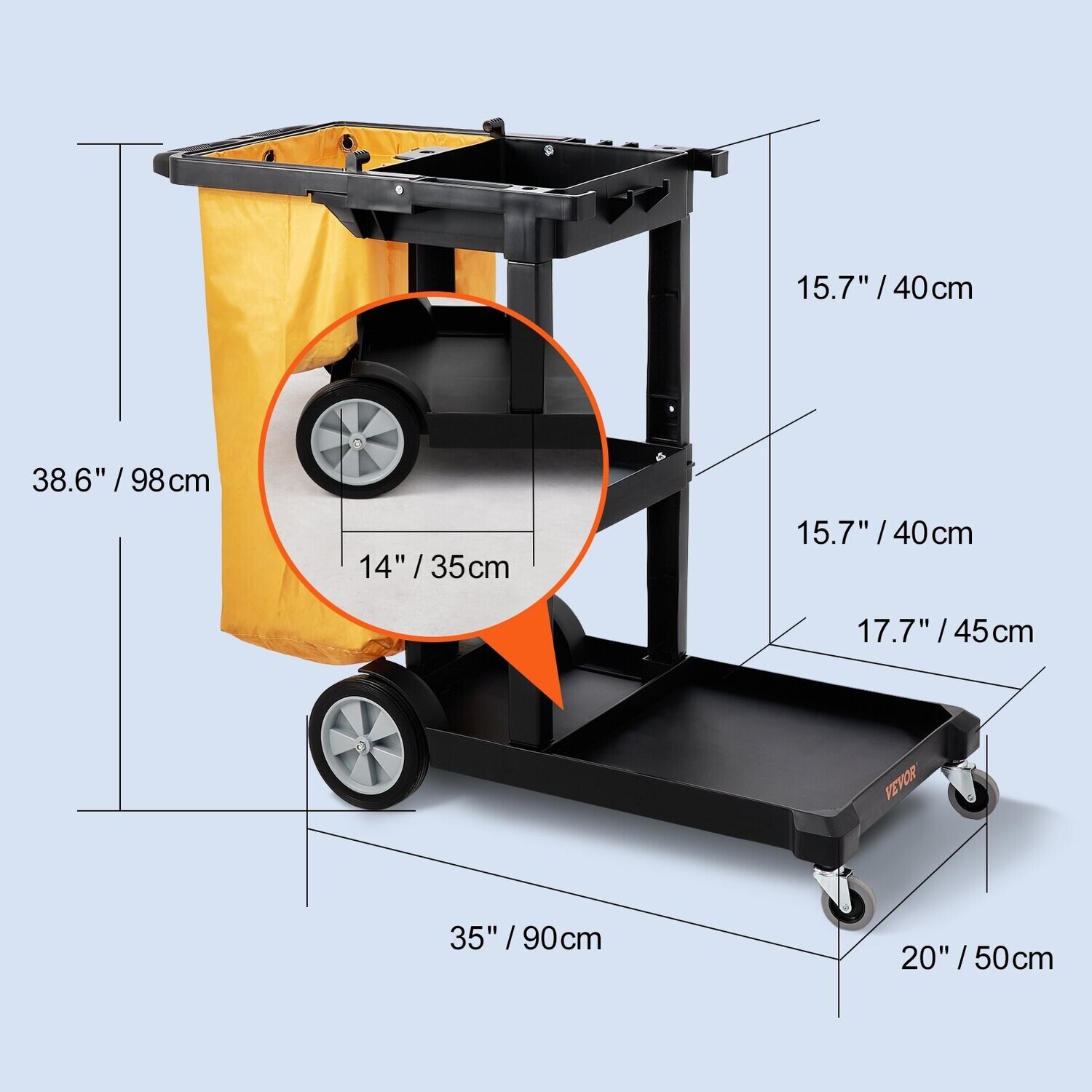 3-Shelf Commercial Janitorial Cart with 25-Gallon PVC Bag and Cover - 200 lbs Capacity, Heavy-Duty Plastic Housekeeping Cart for Efficient Cleaning and Organization