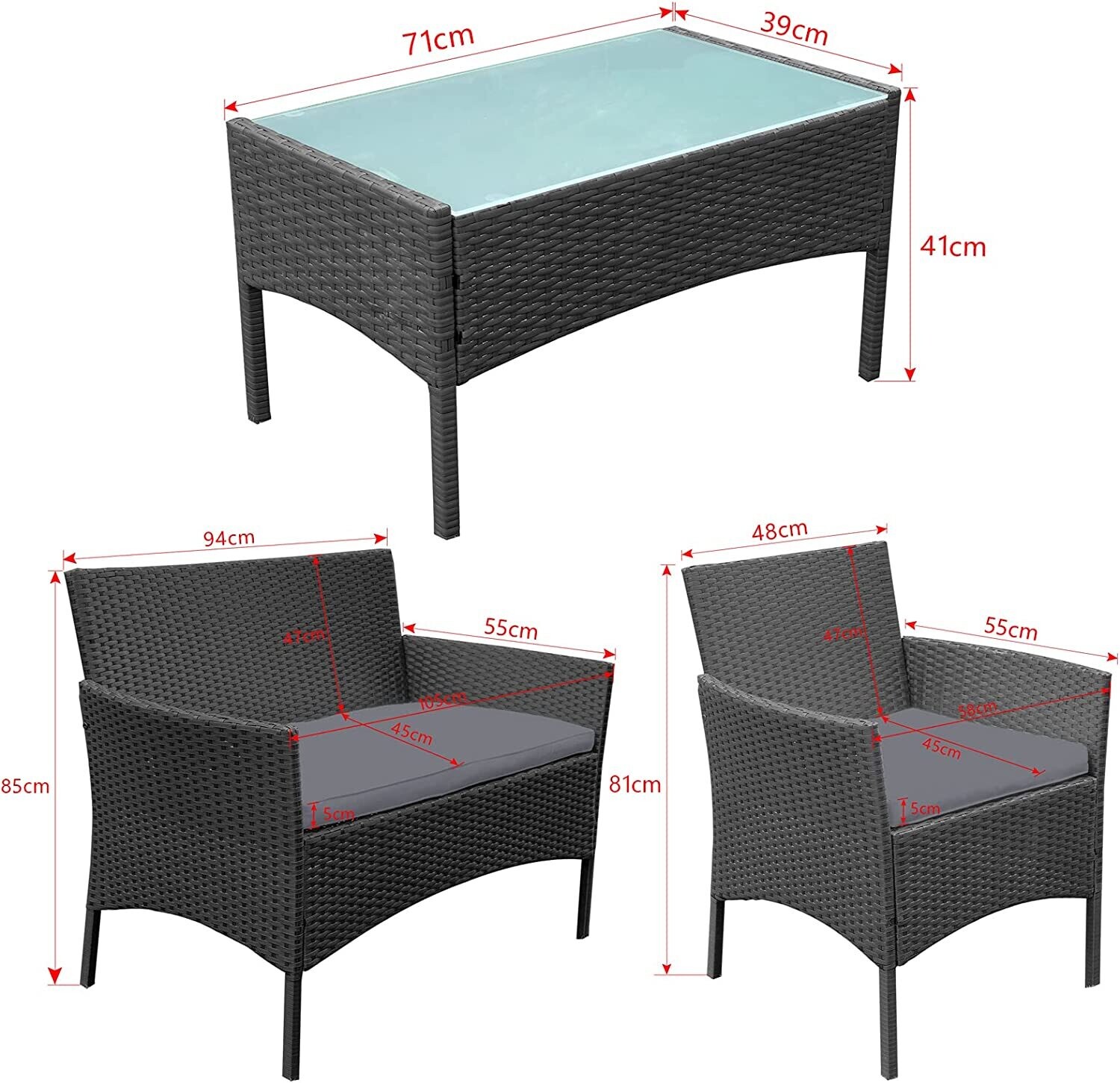Poly Rattan Garden Furniture Set Lounge Set for Garden with 3 Sofas and Table