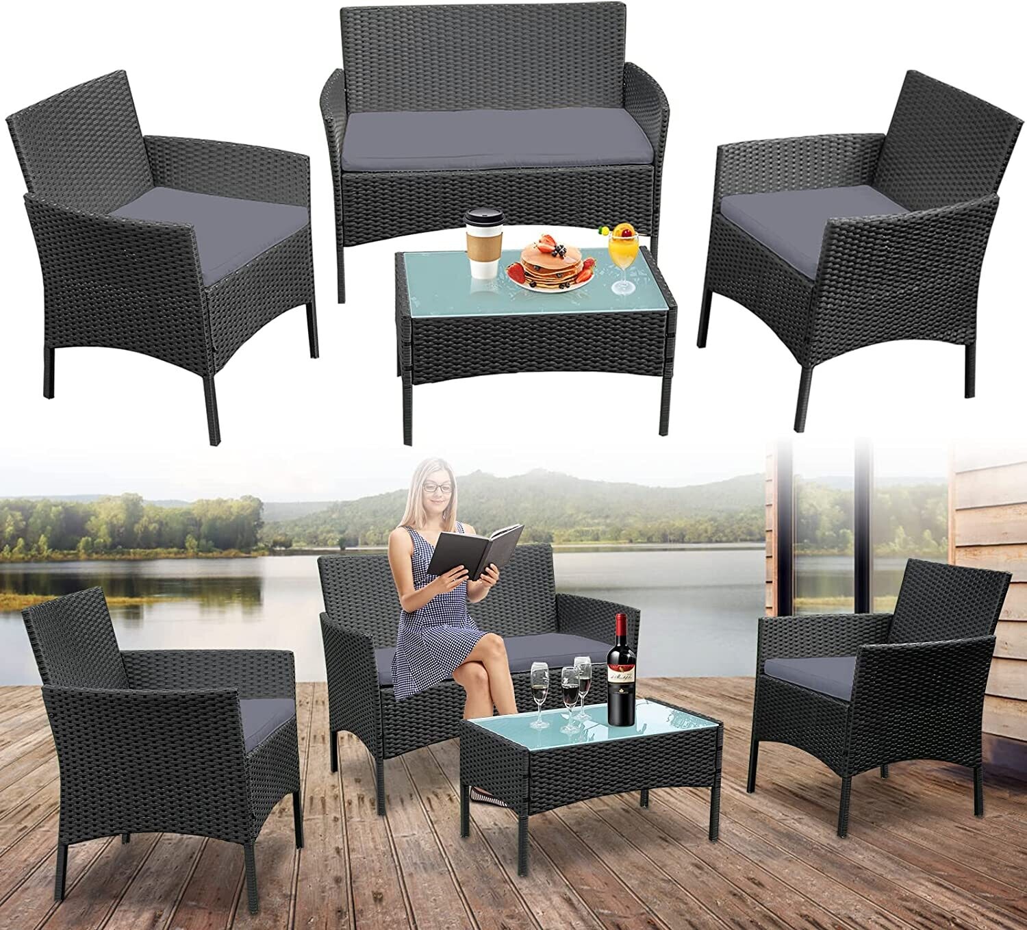 Poly Rattan Garden Furniture Set Lounge Set for Garden with 3 Sofas and Table