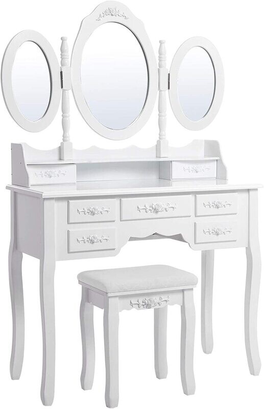 Imitation Leather Luxury Dressing Table with Three Mirrors and Matching Stool for Elegant Bedroom Vanity Setup
