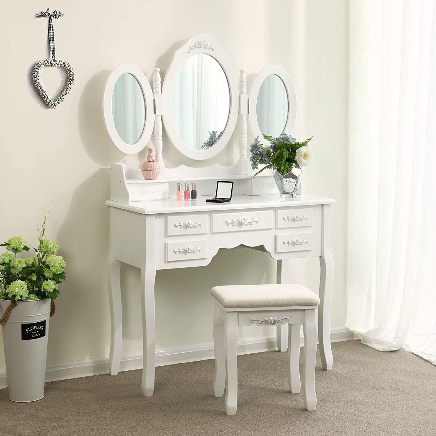 Imitation Leather Luxury Dressing Table with Three Mirrors and Matching Stool for Elegant Bedroom Vanity Setup