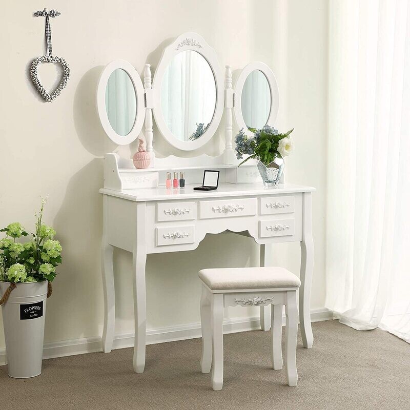 Imitation leather luxury dressing table with three mirrors and a stool