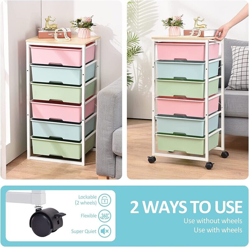 6 Large Storage Drawers Cabinets with Wooden Tabletop, Multipurpose Rolling Cart with Lockable Wheels for Bedroom,