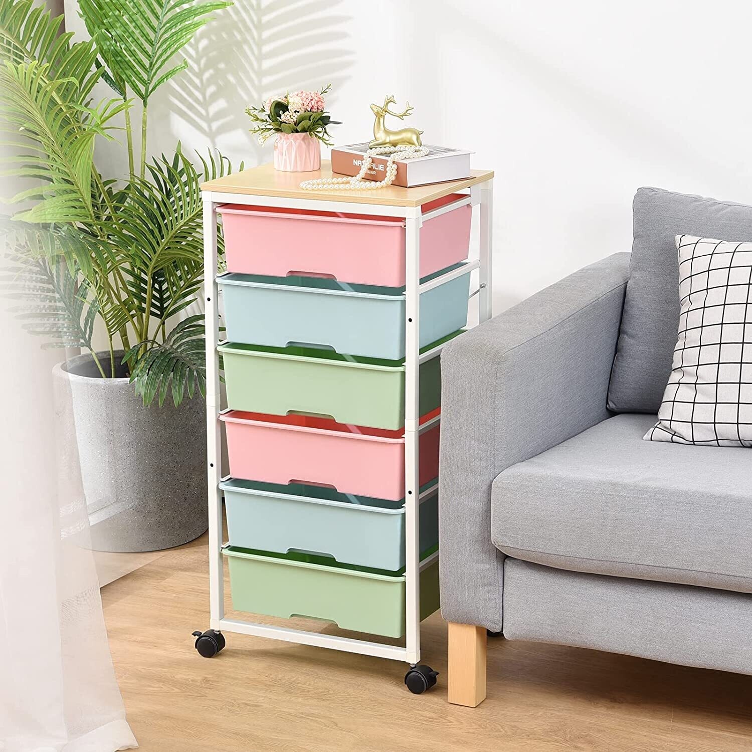 6-Drawer Rolling Storage Cart with Wooden Tabletop - Multipurpose Organizer with Lockable Wheels for Bedroom, Office, or Craft Room