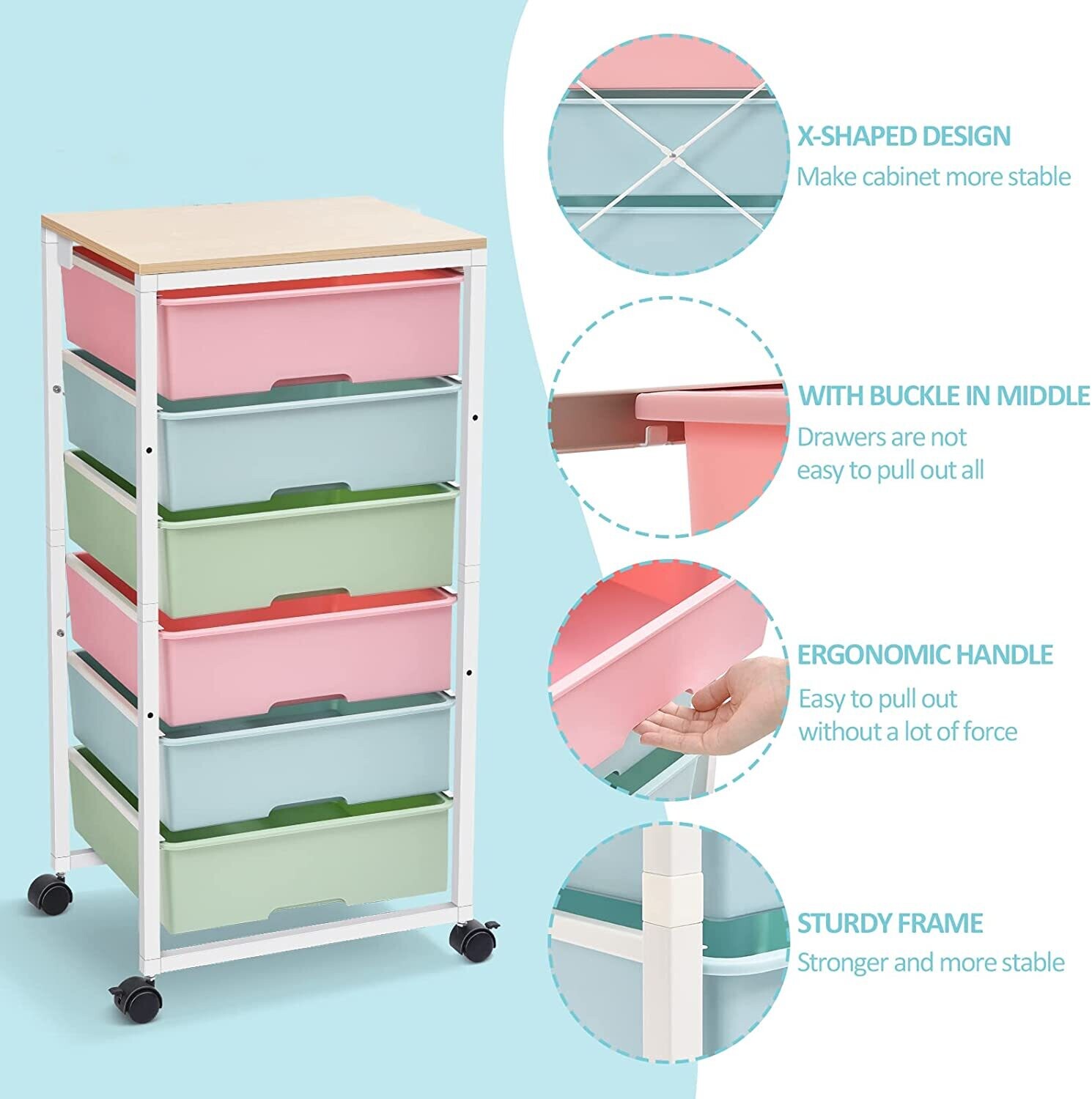 6-Drawer Rolling Storage Cart with Wooden Tabletop - Multipurpose Organizer with Lockable Wheels for Bedroom, Office, or Craft Room
