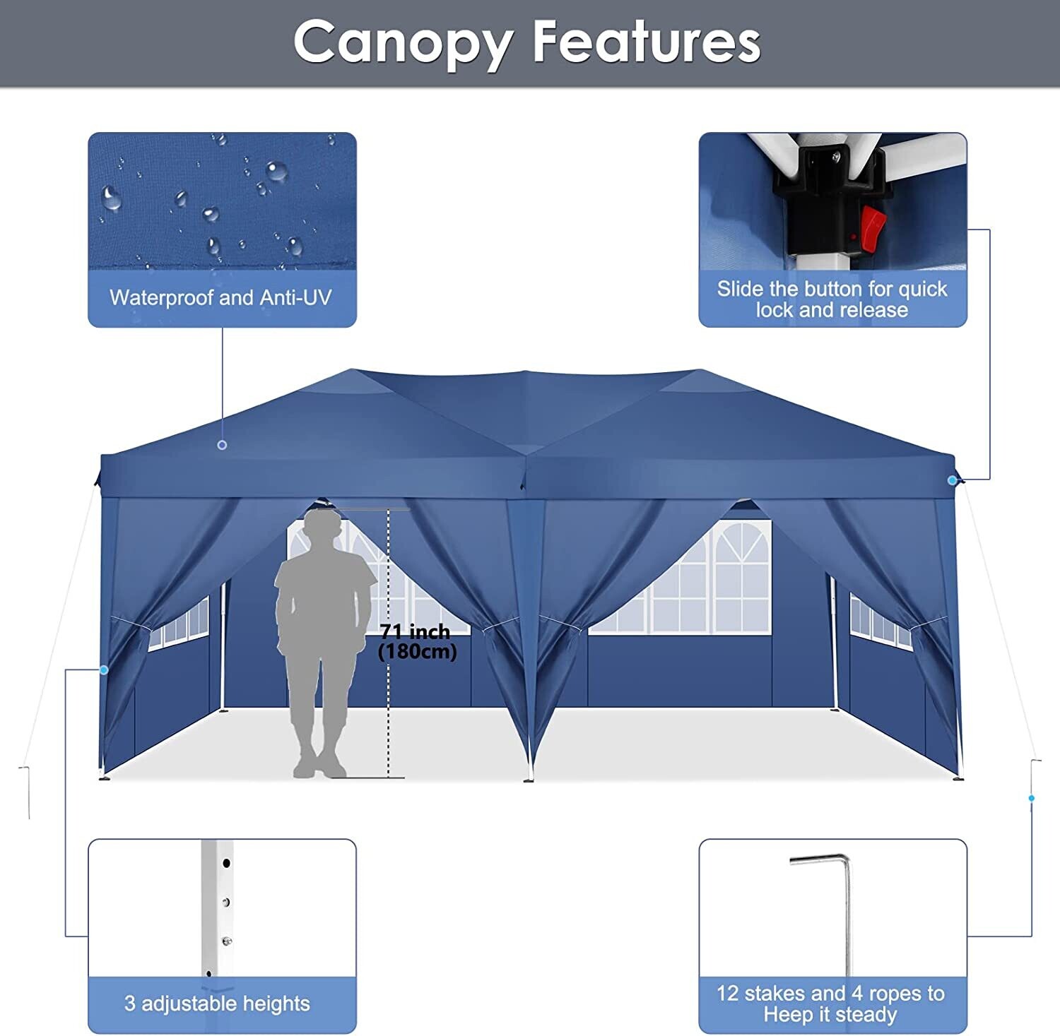3m x 6m folding tent accordion 4 side panels 2 curtains + transport bag Waterproof Stable Flat Foldable Gazebo  Popup Garden Tent