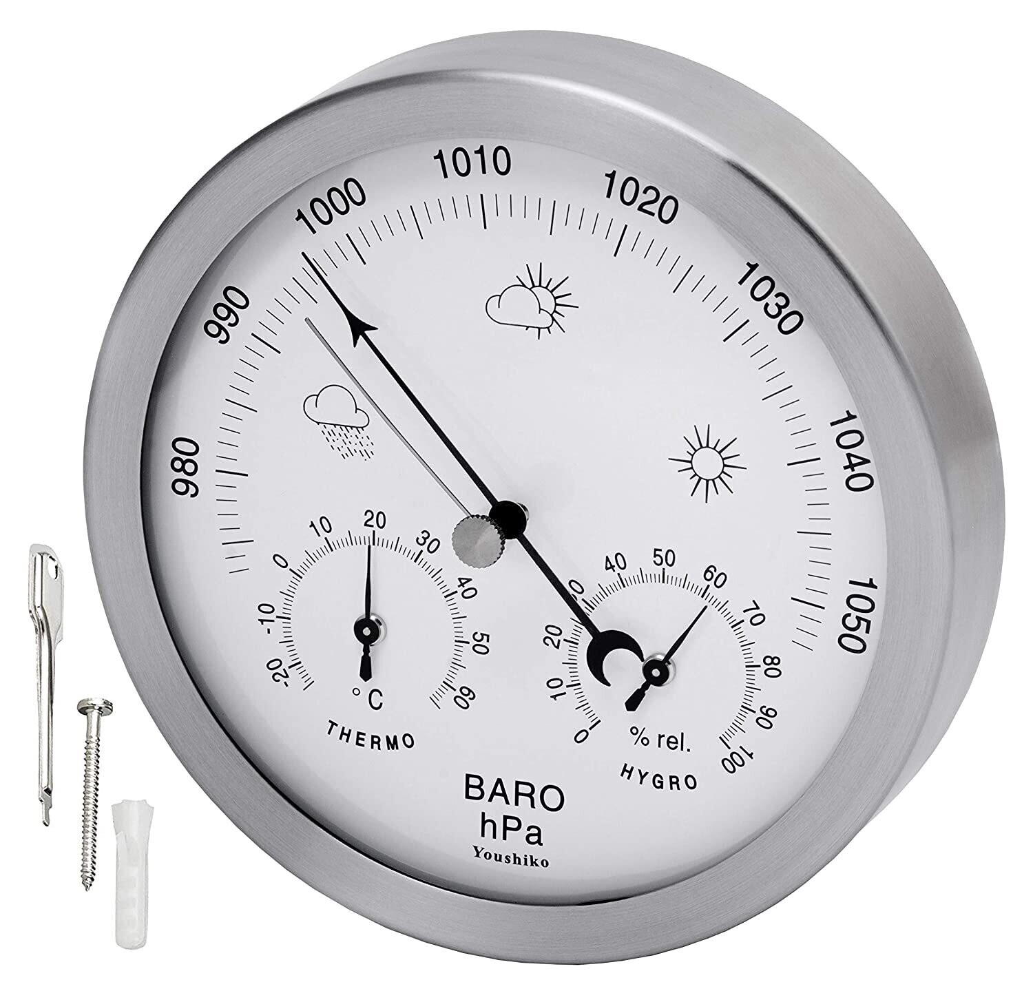 Stainless Steel  Analog Barometer, Thermometer &amp; Hygrometer, 3 in 1  Indoor and Outdoor (Silver) Weather Station