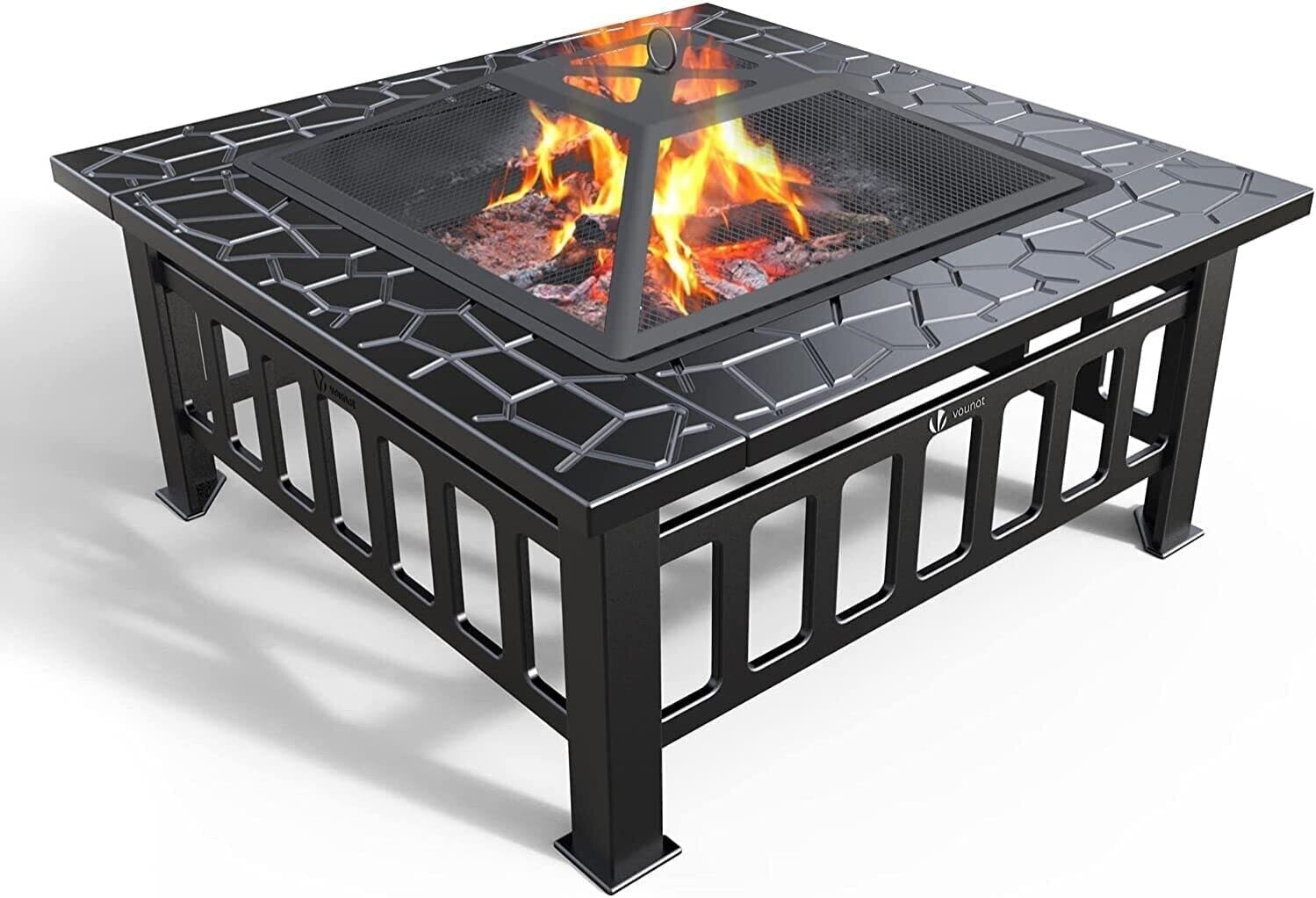 A fire bowl with a grill grate and a spark guard,
