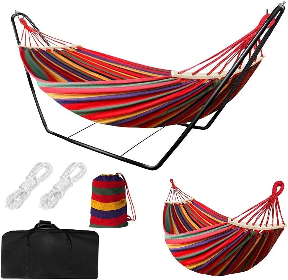 Hammock with Stand, Double Cotton Fabric with Spreader Bars for Ultimate Comfort and Outdoor Use