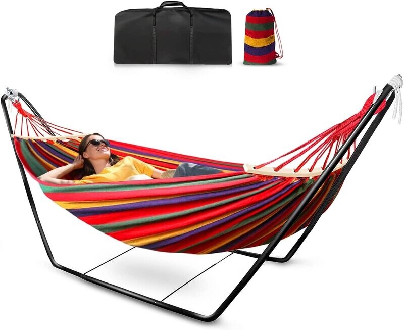 Hammock with Stand, Double Cotton Fabric with Spreader Bars for Ultimate Comfort and Outdoor Use