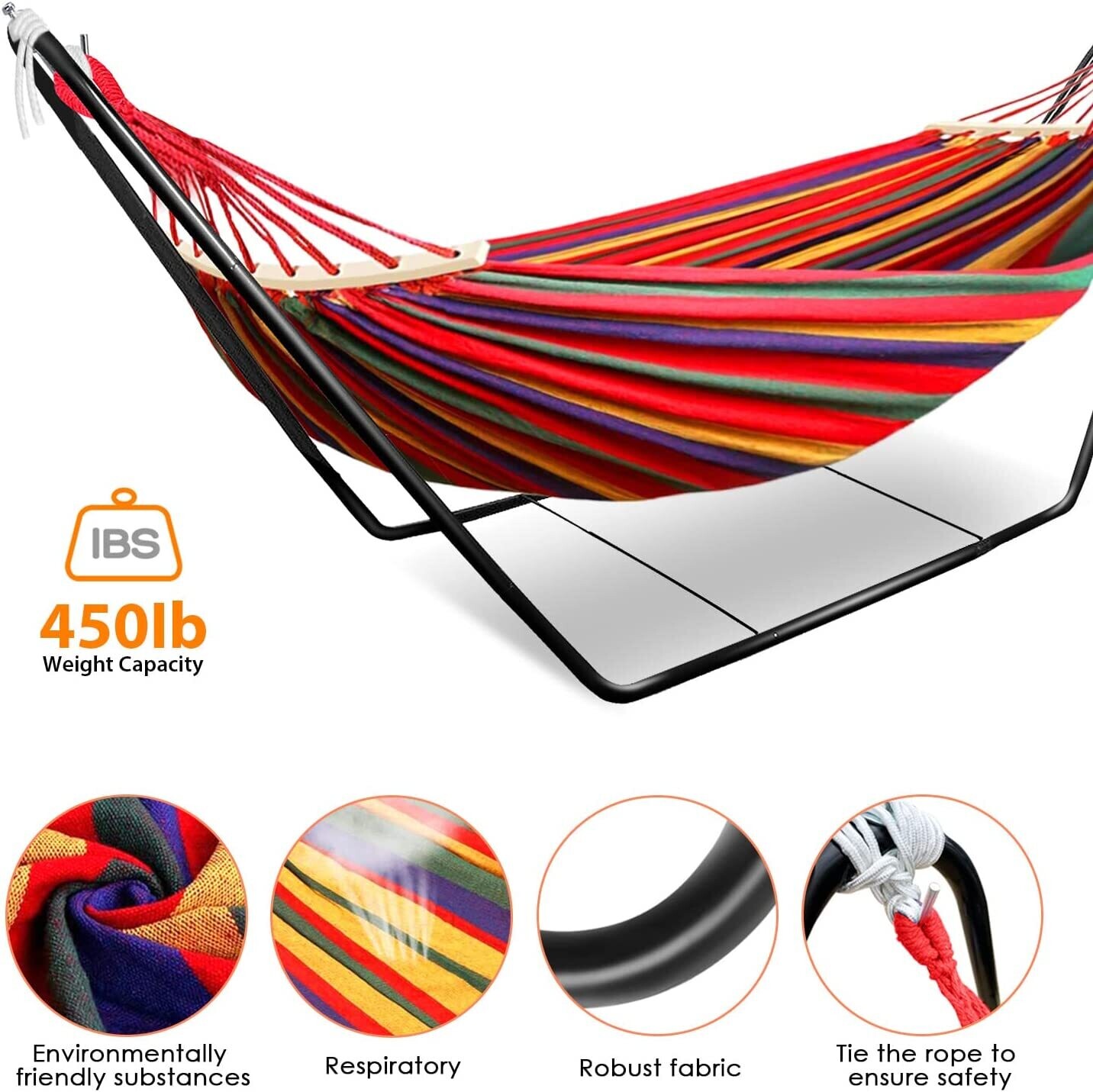 Hammock with Stand, Double Cotton Fabric with Spreader Bars for Ultimate Comfort and Outdoor Use