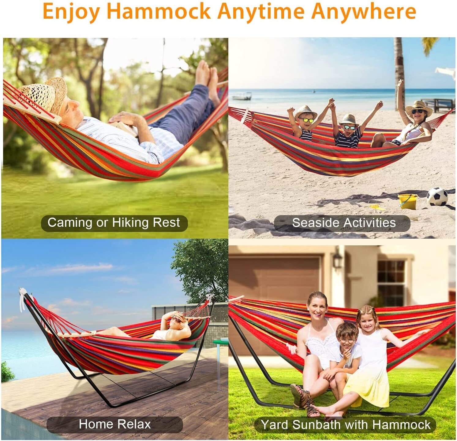 Hammock with Stand, Double Cotton Fabric with Spreader Bars for Ultimate Comfort and Outdoor Use