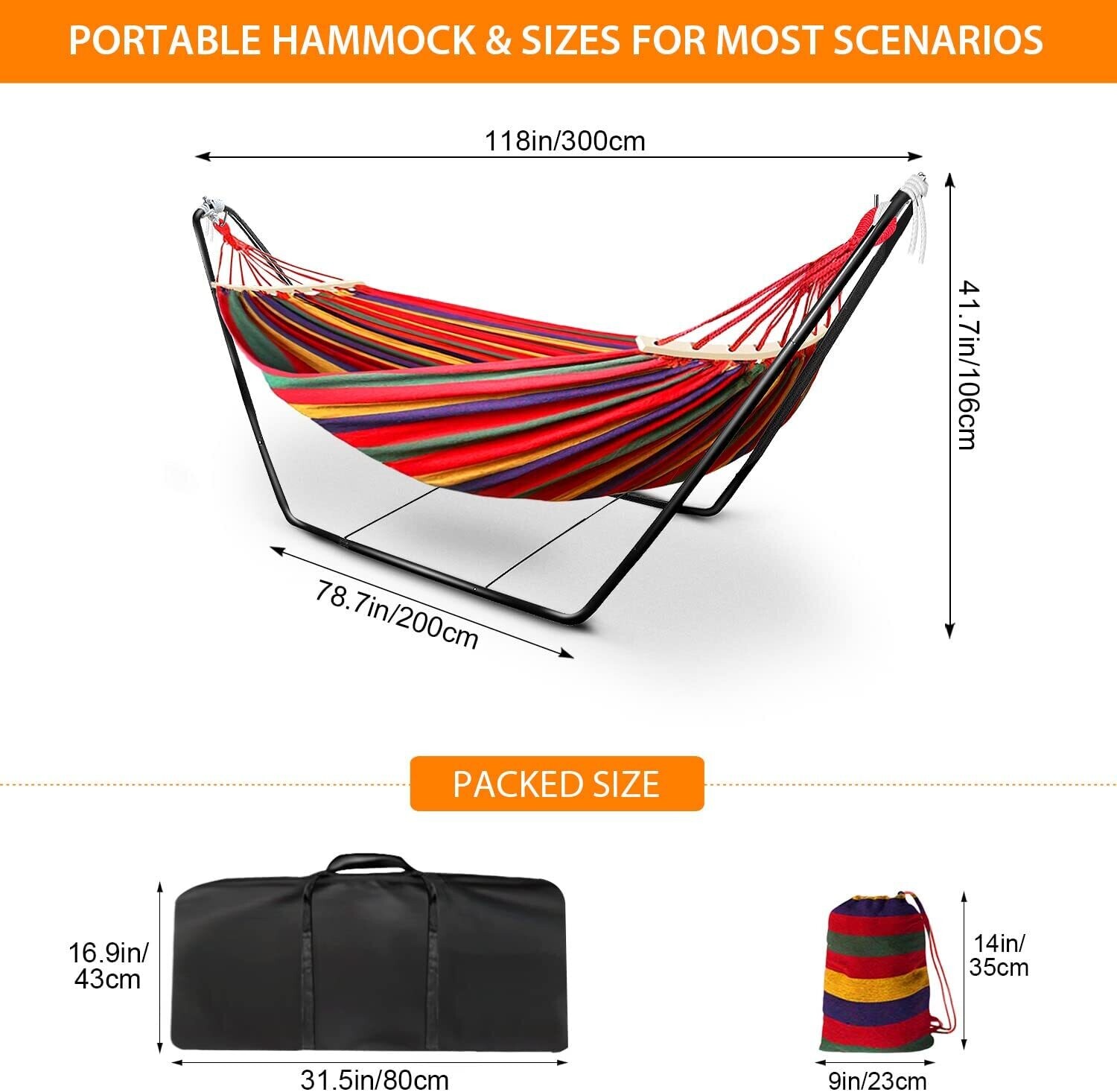Hammock with Stand, Double Cotton Fabric with Spreader Bars for Ultimate Comfort and Outdoor Use