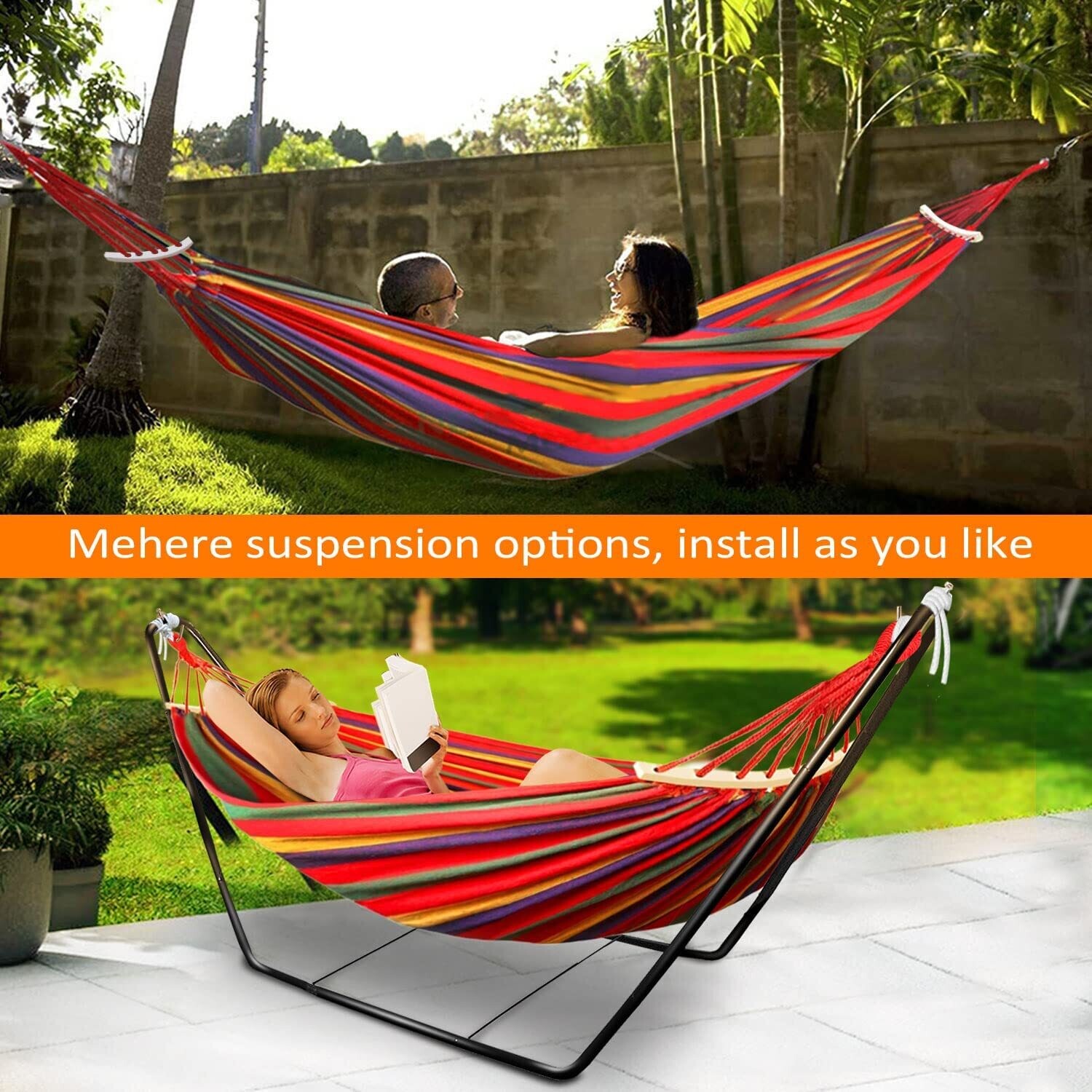 Hammock with Stand, Double Cotton Fabric with Spreader Bars for Ultimate Comfort and Outdoor Use