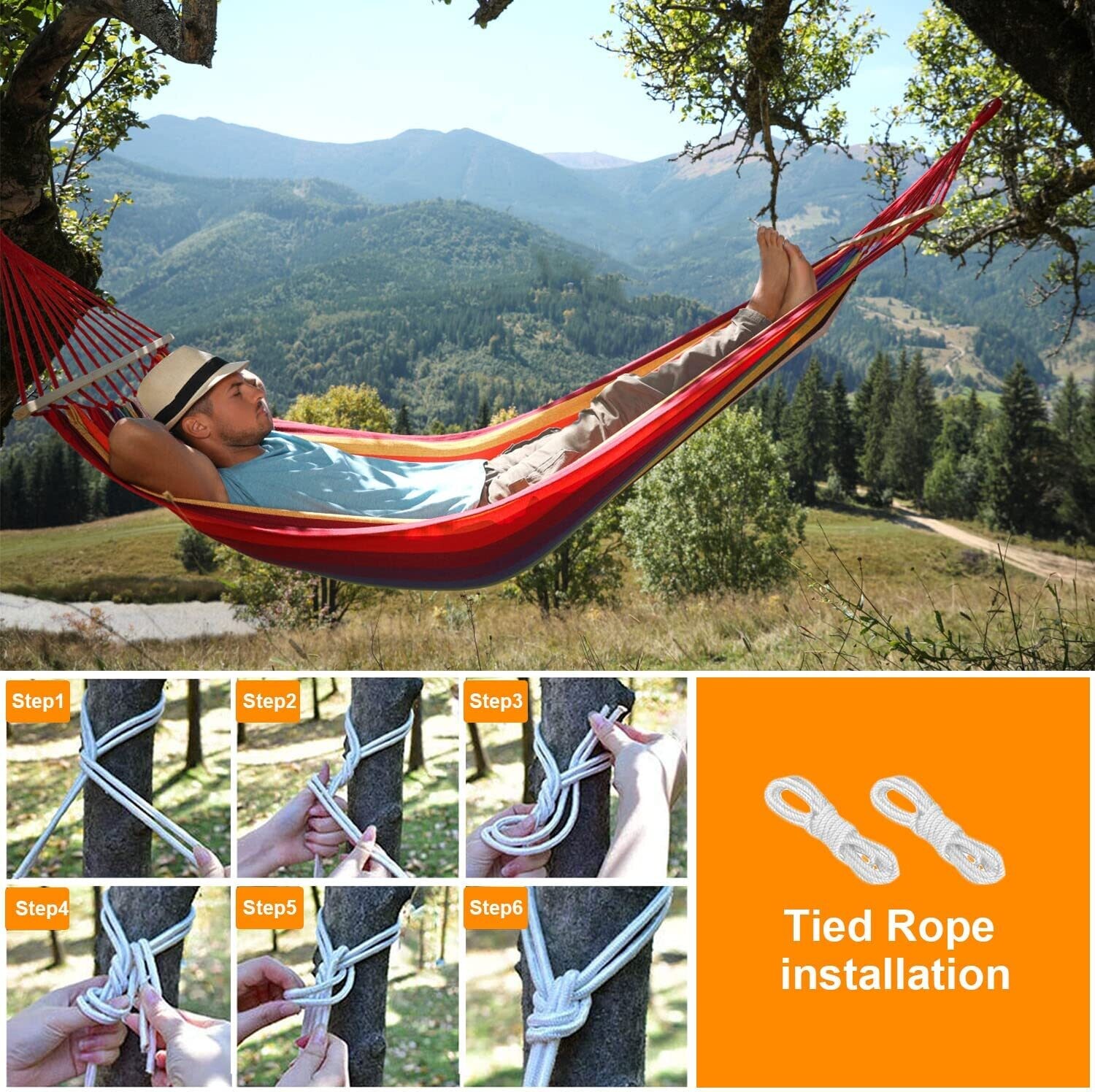 Hammock with Stand, Double Cotton Fabric with Spreader Bars for Ultimate Comfort and Outdoor Use