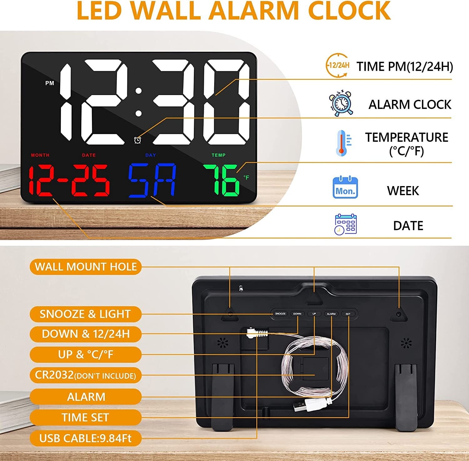 Digital Large LED Display Clock with Calendar and Alarm – 11.5&#39;&#39; Time and Date Display for Home and Office