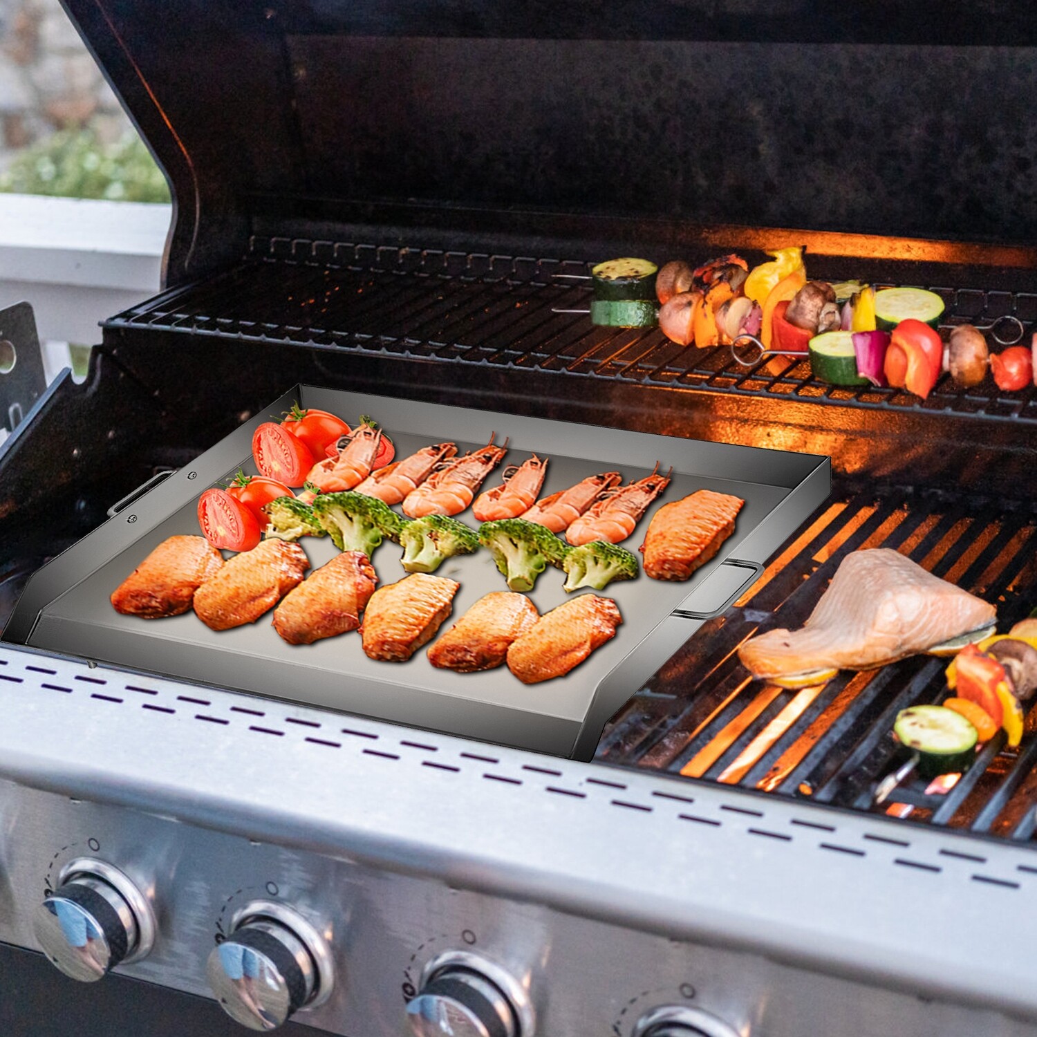 Flat Top Triple Burner Grill – 36 x 22 Inch Stainless Steel Square Grill Plate