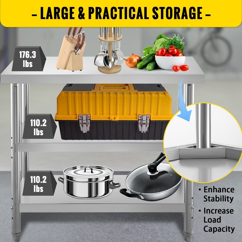 Commercial stainless steel table, 60x14x33 inches, outdoor food prep table