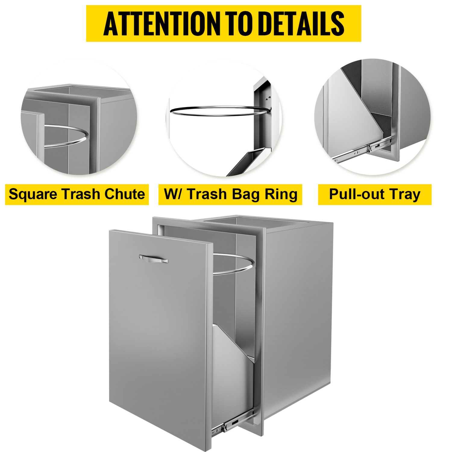 Waterproof Stainless Steel Trash Drawer With Square Cut-Out Lower Sliding Rails &amp; Trash Bag Ring