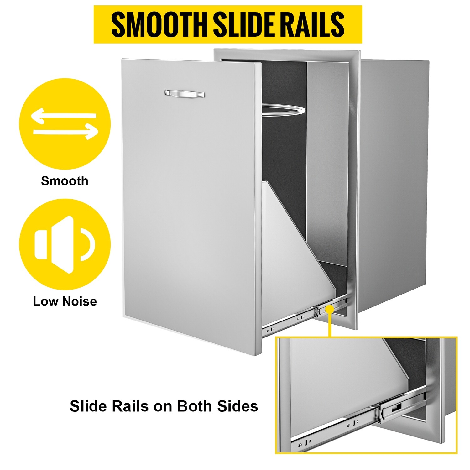 Waterproof Stainless Steel Trash Drawer With Square Cut-Out Lower Sliding Rails &amp; Trash Bag Ring