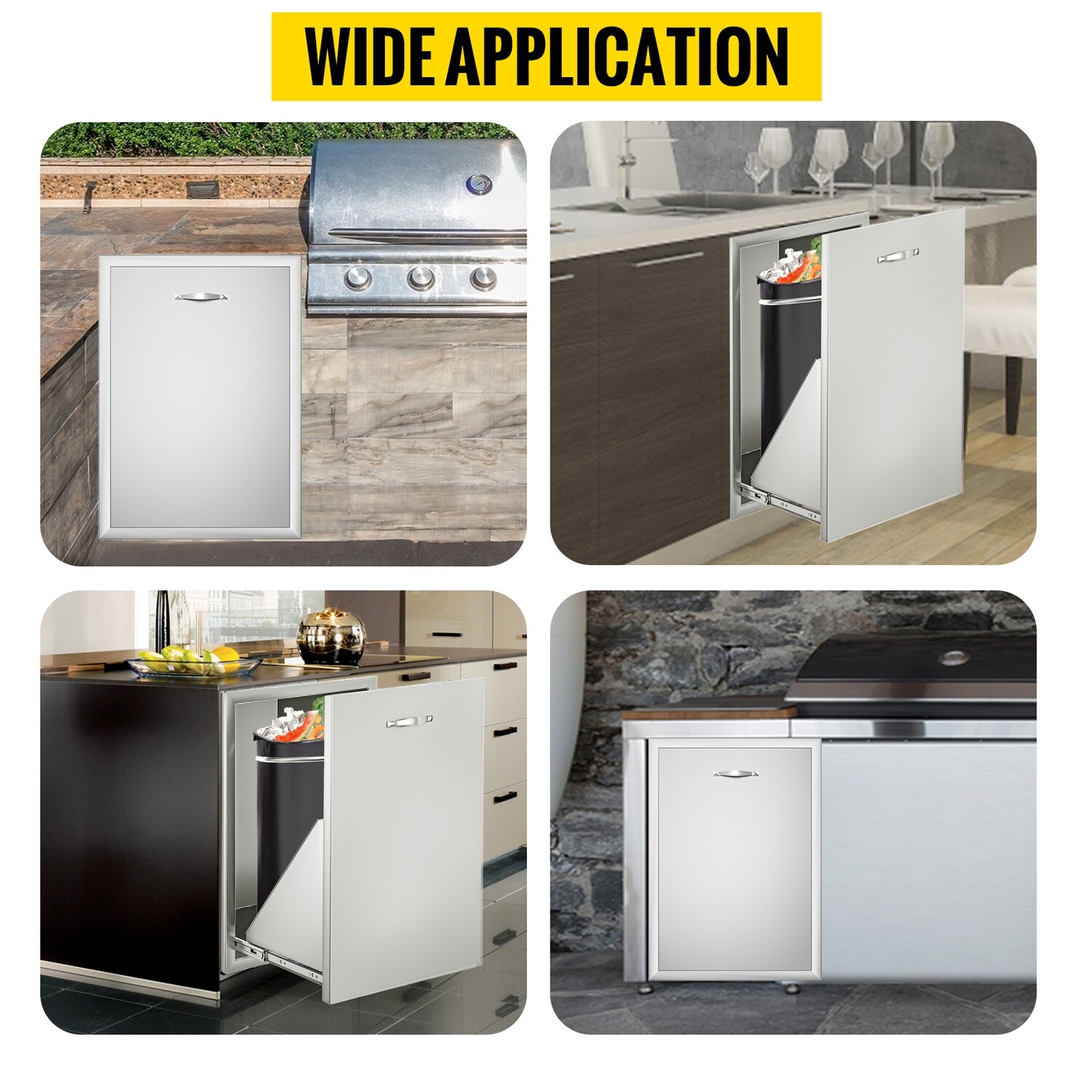 Waterproof Stainless Steel Trash Drawer With Square Cut-Out Lower Sliding Rails &amp; Trash Bag Ring