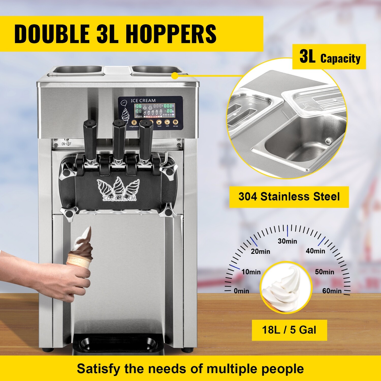 Countertop LCD Panel Commercial 3-Flavor Soft Ice Cream Machine with One-Click Cleaning