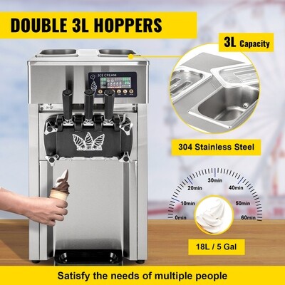 Countertop LCD Panel Commercial 3-Flavor Soft Ice Cream Machine with One-Click Cleaning