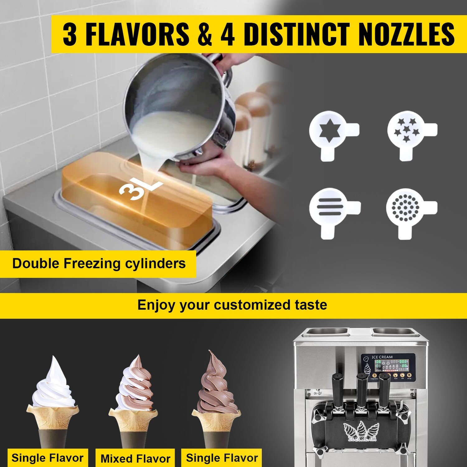 Countertop LCD Panel Commercial 3-Flavor Soft Ice Cream Machine with One-Click Cleaning
