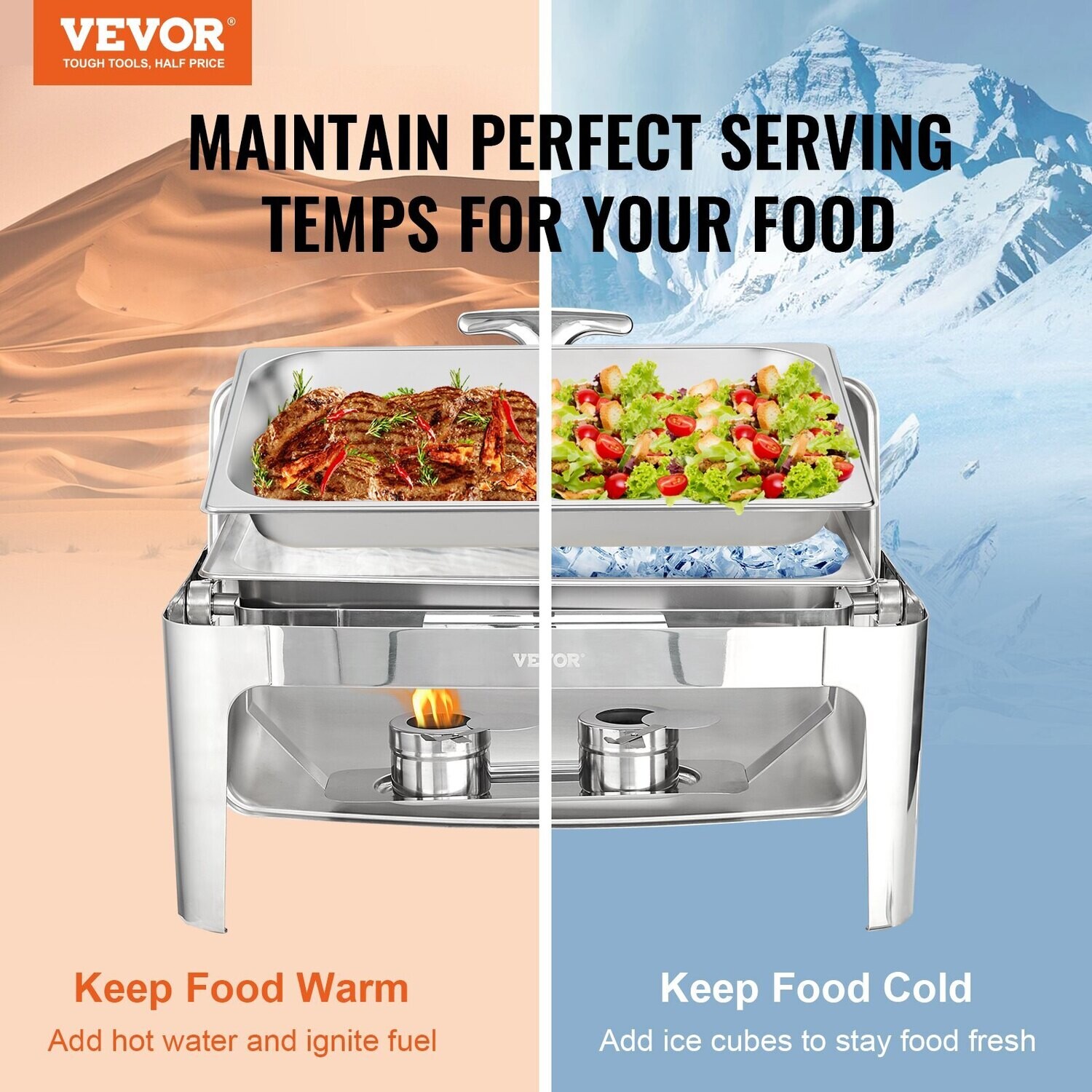 Roll-top rectangular chafer with 9-quart pan and glass lid fuel holder