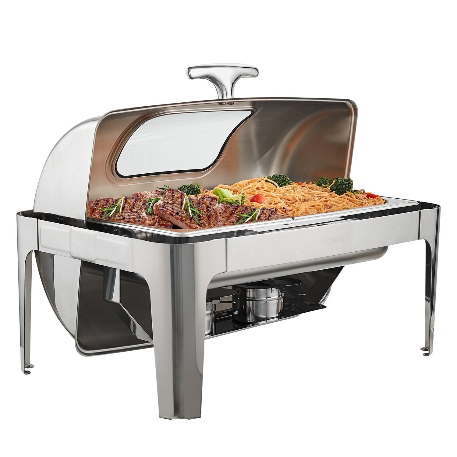 Roll-top rectangular chafer with 9-quart pan and glass lid fuel holder