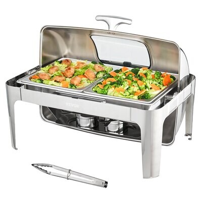 Roll-top rectangular chafer with 9-quart pan and glass lid fuel holder