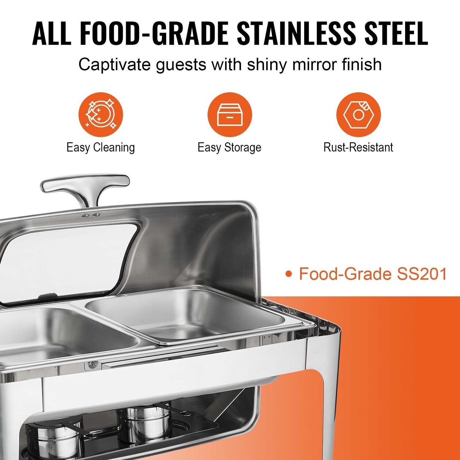 Roll-top rectangular chafer with 9-quart pan and glass lid fuel holder