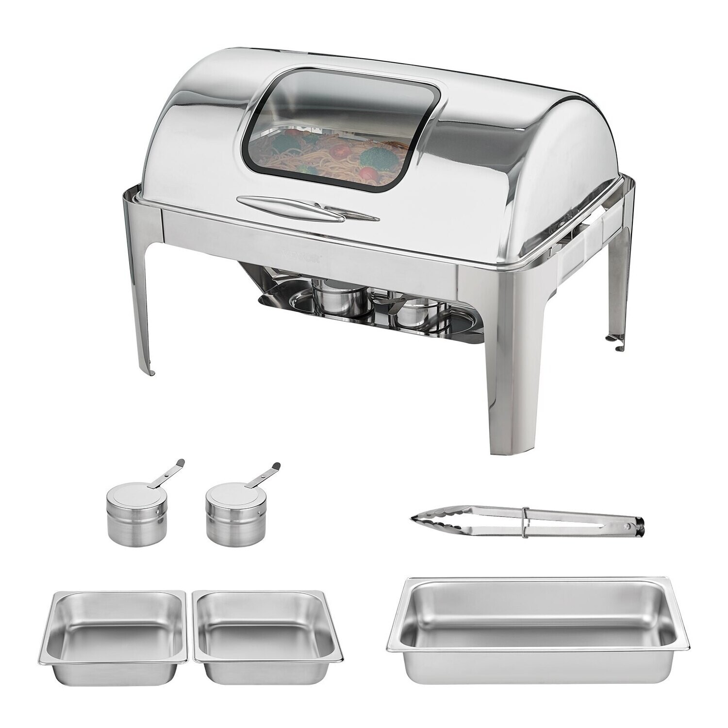 Roll-top rectangular chafer with 9-quart pan and glass lid fuel holder