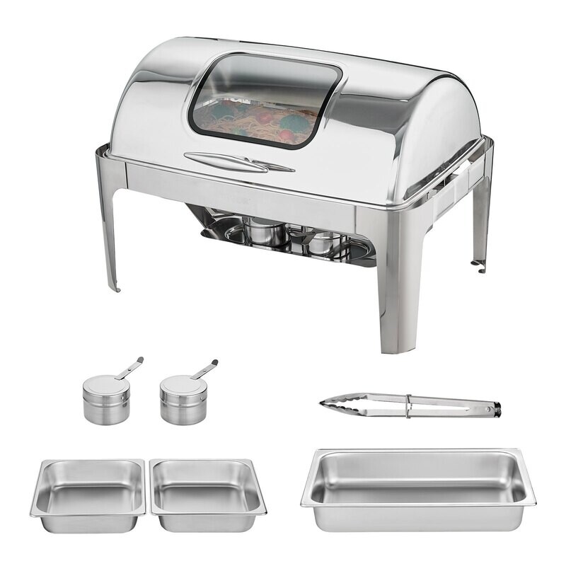 Roll-top rectangular chafer with 9-quart pan and glass lid fuel holder