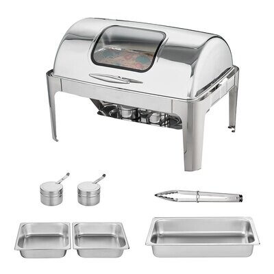 Roll-top rectangular chafer with 9-quart pan and glass lid fuel holder