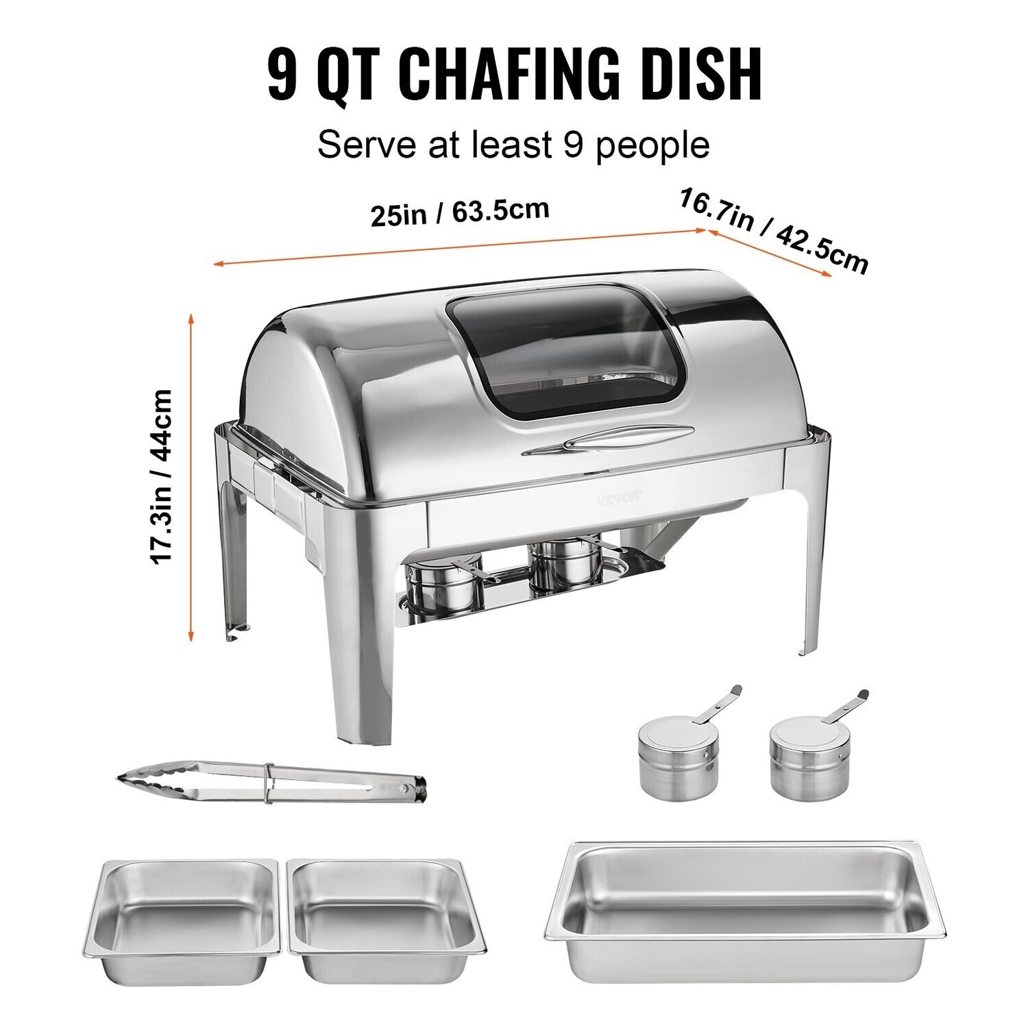 Roll-top rectangular chafer with 9-quart pan and glass lid fuel holder
