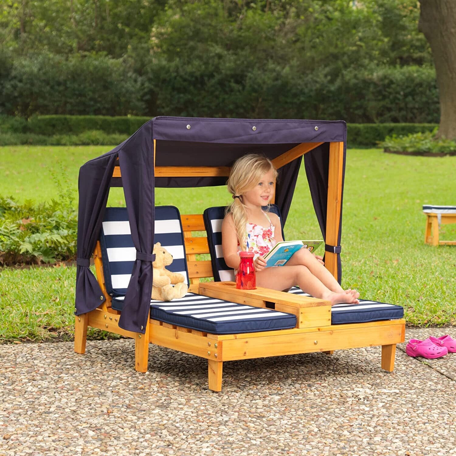 Cup Holders on Both Chaise Lounges, Adjustable Outdoor Recliner with Beverage Storage