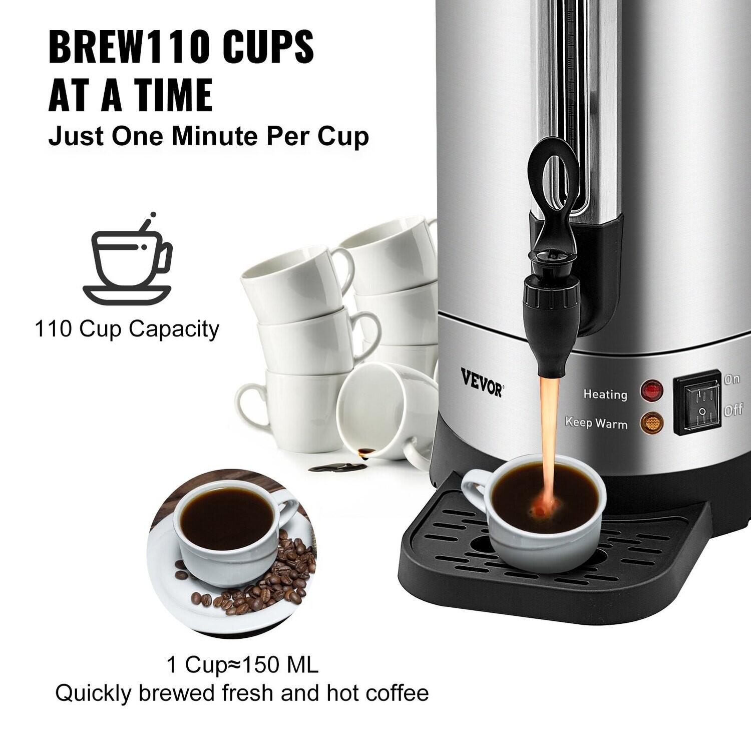 Large Coffee Dispenser, Commercial Coffee Urn, 110 Cups Stainless Steel