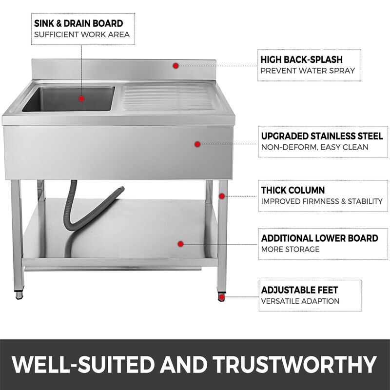 39.5 inch Stainless Steel Professional Utility Sink with Single Bowl Unit for Bar Kitchen &amp; Restaurant