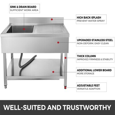 39.5-Inch Stainless Steel Professional Utility Sink - Single Bowl Unit for Bar, Kitchen, and Restaurant Use - Durable Design for Efficient Food Preparation and Cleaning