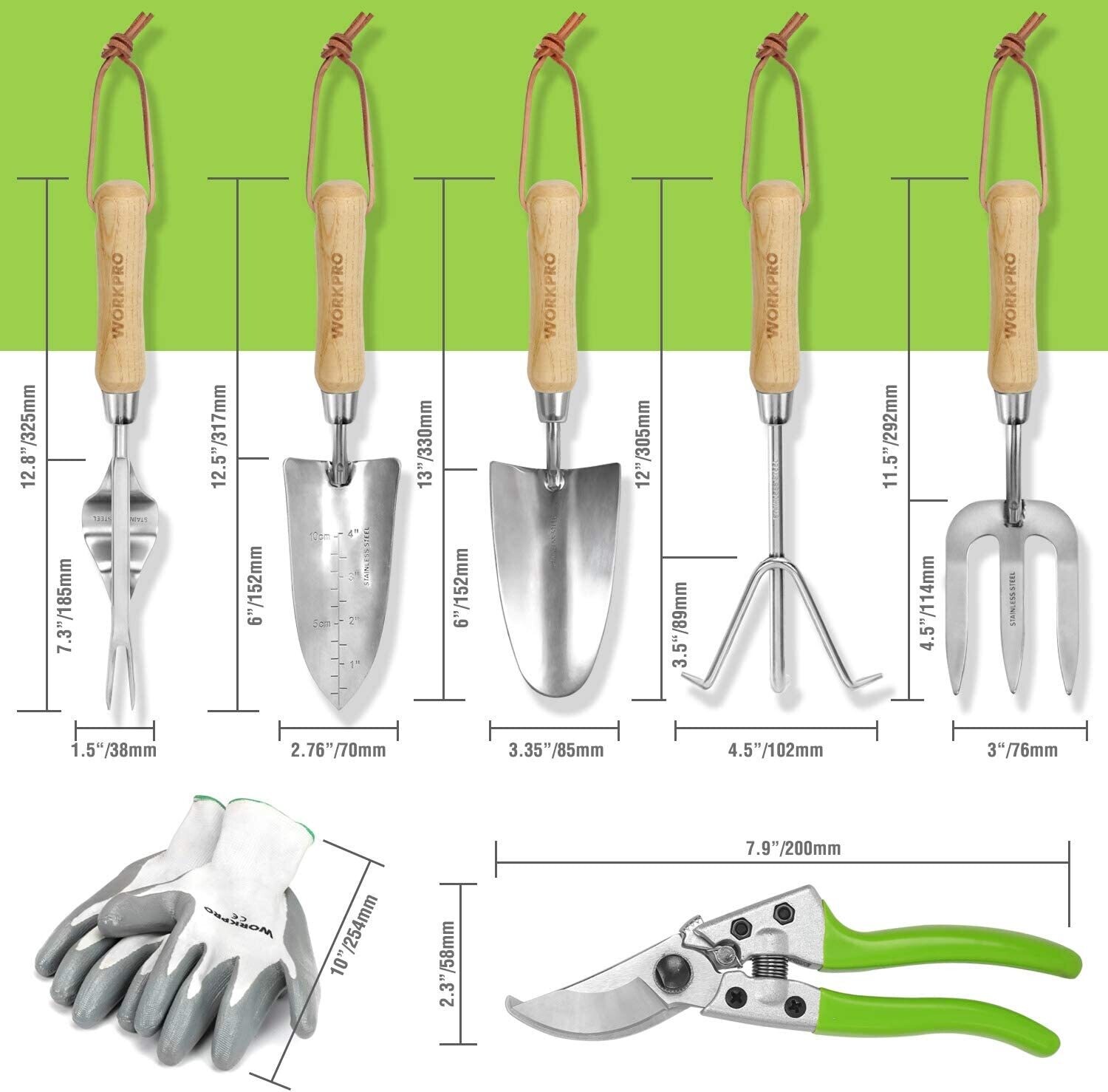 Stainless steel, seven-in-one garden tool set with wooden handles