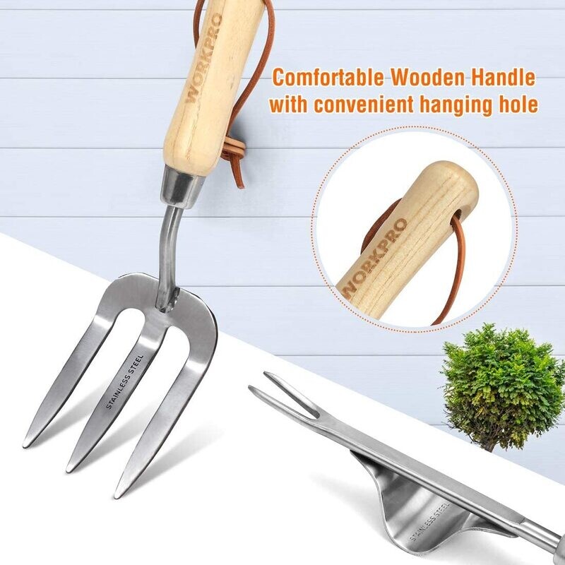 Stainless steel, seven-in-one garden tool set with wooden handles