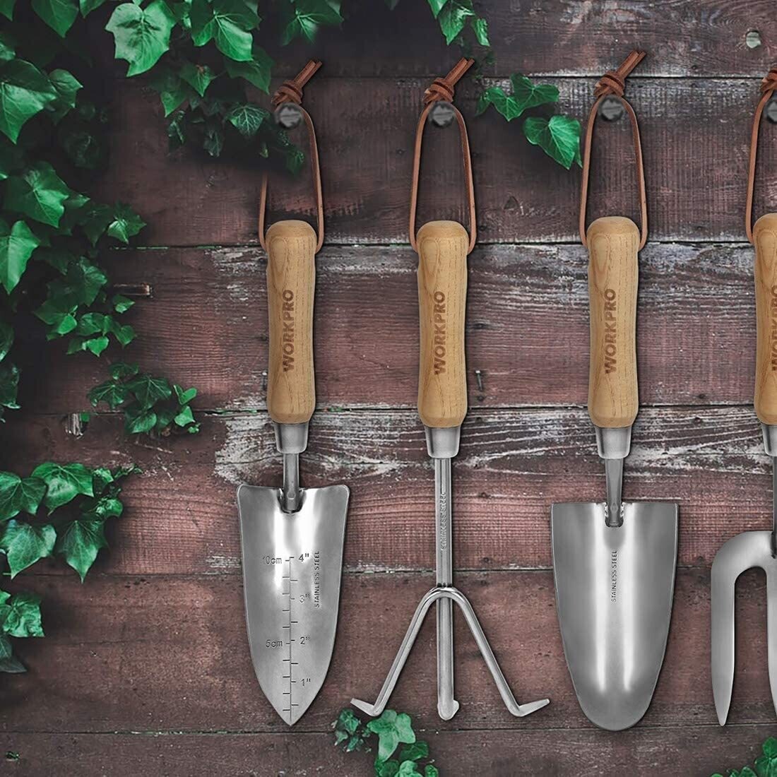Stainless steel, seven-in-one garden tool set with wooden handles