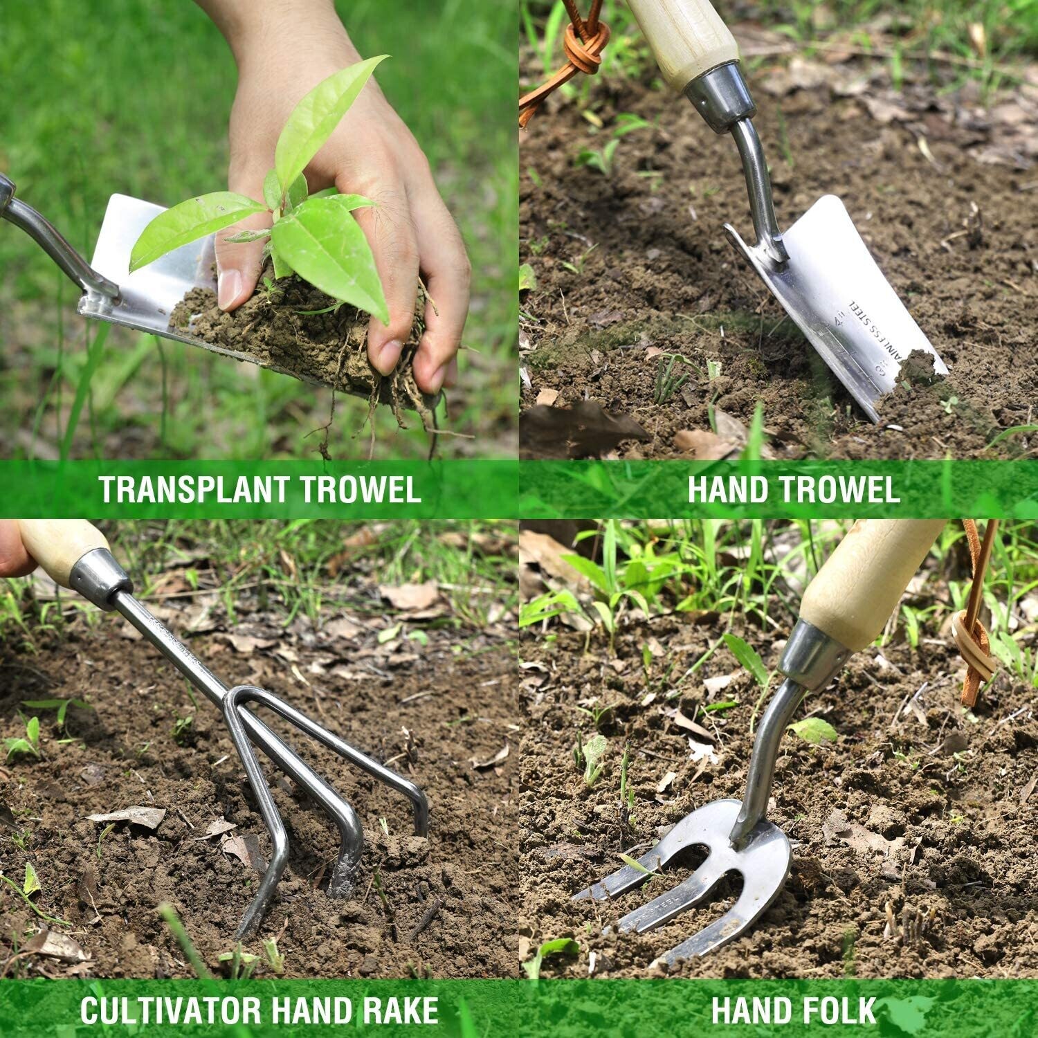 Stainless steel, seven-in-one garden tool set with wooden handles