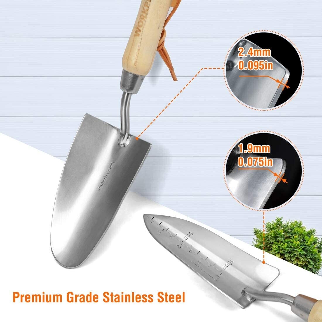 Stainless steel, seven-in-one garden tool set with wooden handles
